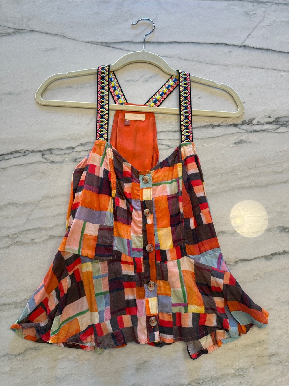 Pilcro / Anthropologie Plaid Button-Front Top with Embroidered Straps